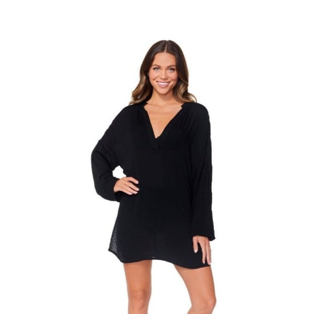 Raisins San Pedro Beach Swim Cover Up Long Sleeve V Neck Black S